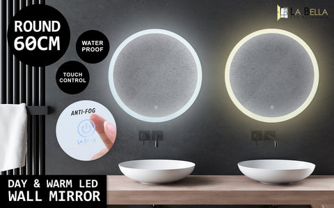 La Bella LED Wall Mirror Round Touch Anti-Fog Makeup Decor Bathroom Vanity 60cm NT Deals